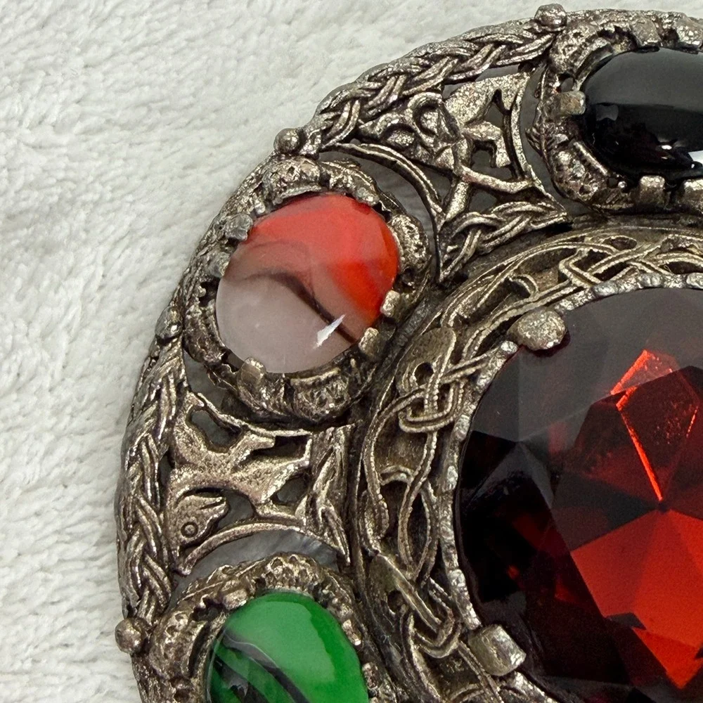 Miracle Vintage‎ Celtic Brooch Red Glass Multi Stone Silver Tone Scottish Pin